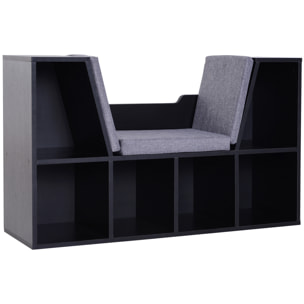 Bibliothèque banc 2 en 1 design contemporain 6 casiers 3 coussins fournis 102L x 30l x 61H cm noir gris