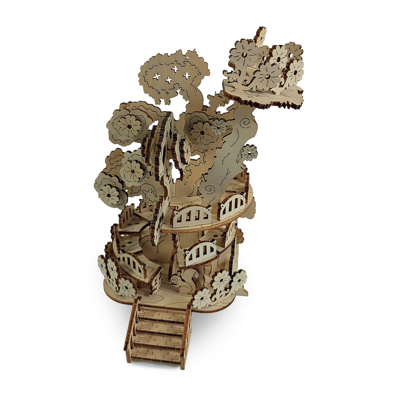 Maqueta de Madera 3D, con movimiento mecánico diseño árbol con flores. 97 piezas.