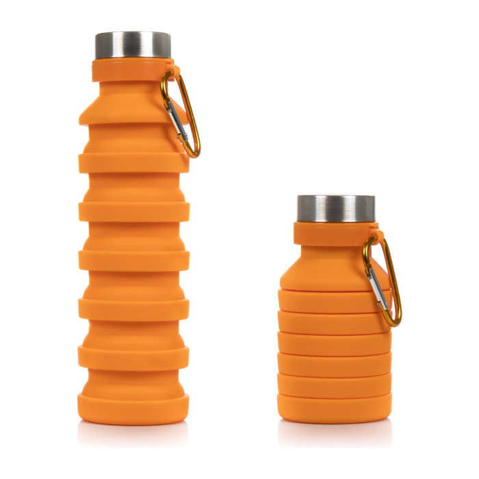 Bottiglia sportiva pieghevole in silicone. 470 a 550ml, senza BPA, tappo a vite in acciaio inossidabile.
