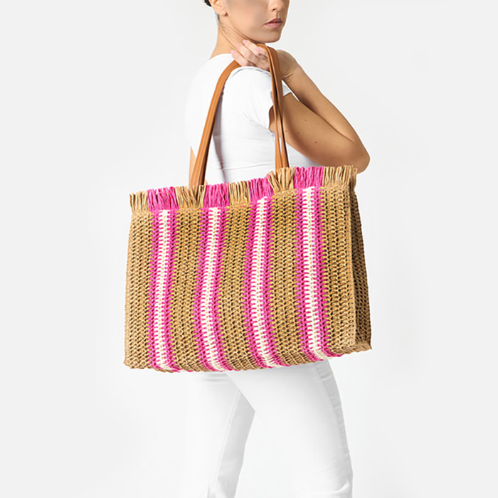 Borsa donna mare grande fucsia in raffia