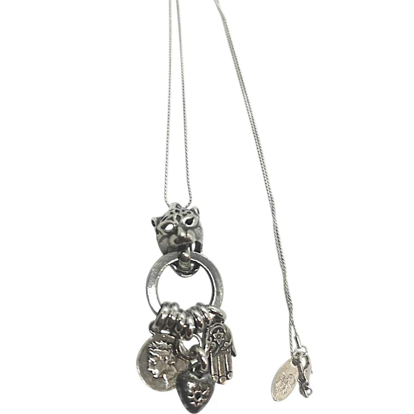 Collar largo tigre y charms plata 10µ y cadena de ratón