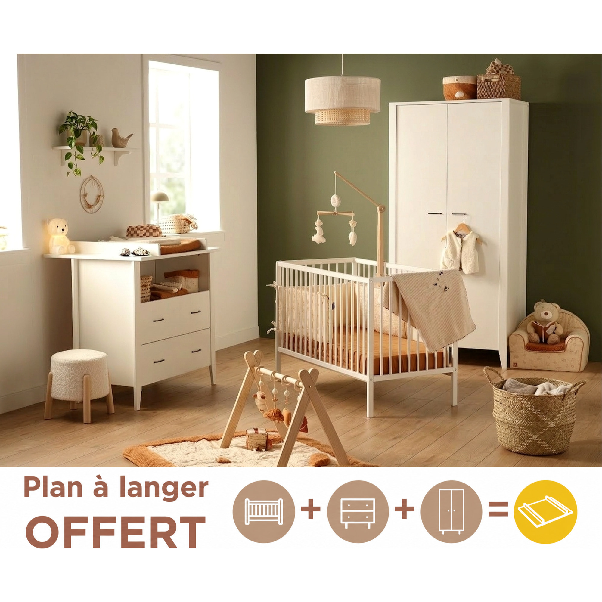 Chambre bébé 3 pièces Angèle, Lit bébé 120x60 à barreaux, Commode à langer, armoire 2 portes