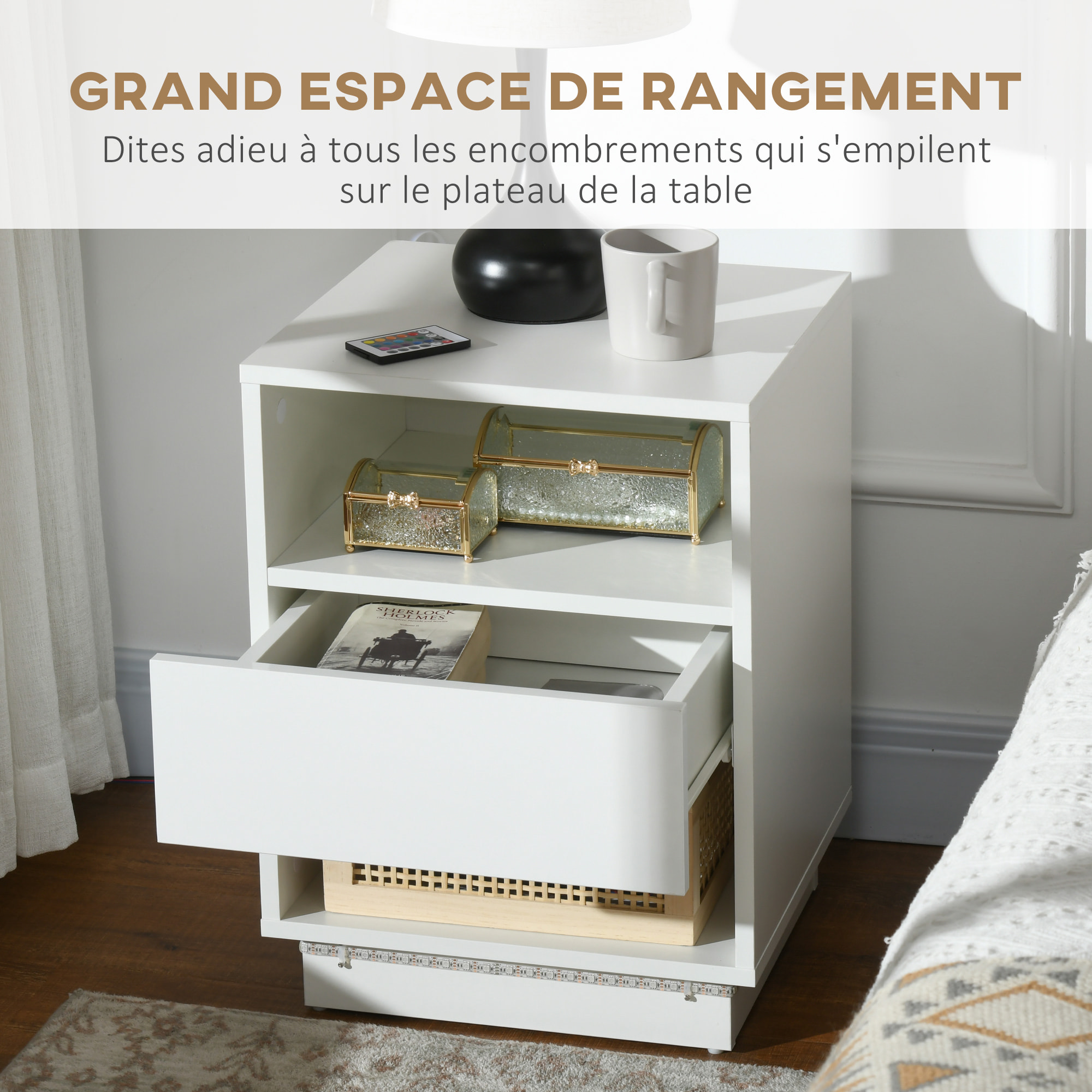 Table de chevet table de nuit LED - tiroir, niches, plateau - 40 x 40 x 55 cm - blanc brillant laqué
