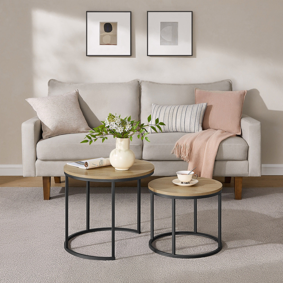 Set di 2 tavolini da caffè tondi stile industrial rovere e nero