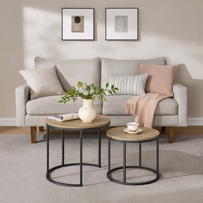 Set di 2 tavolini da caffè tondi stile industrial rovere e nero
