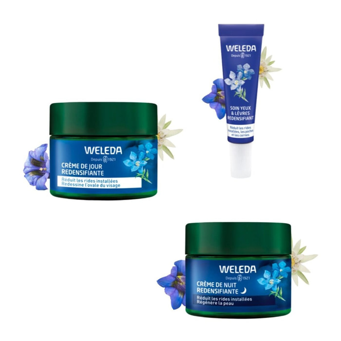 WELEDA - Rituel Redensifiant Anti âge - Crème de Jour - Crème de Nuit - Contour des yeux -  Gentiane Bleue et Edelweiss - Vegan - Certifié Natrue - Pot 40 ml x2 - Tube 10 ml