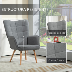 Sillón de Salón Moderno Butaca de Dormitorio con Respaldo Alto Reposabrazos Tela de Lino y Patas de Madera para Sala de Estar 71x76x101 cm Gris