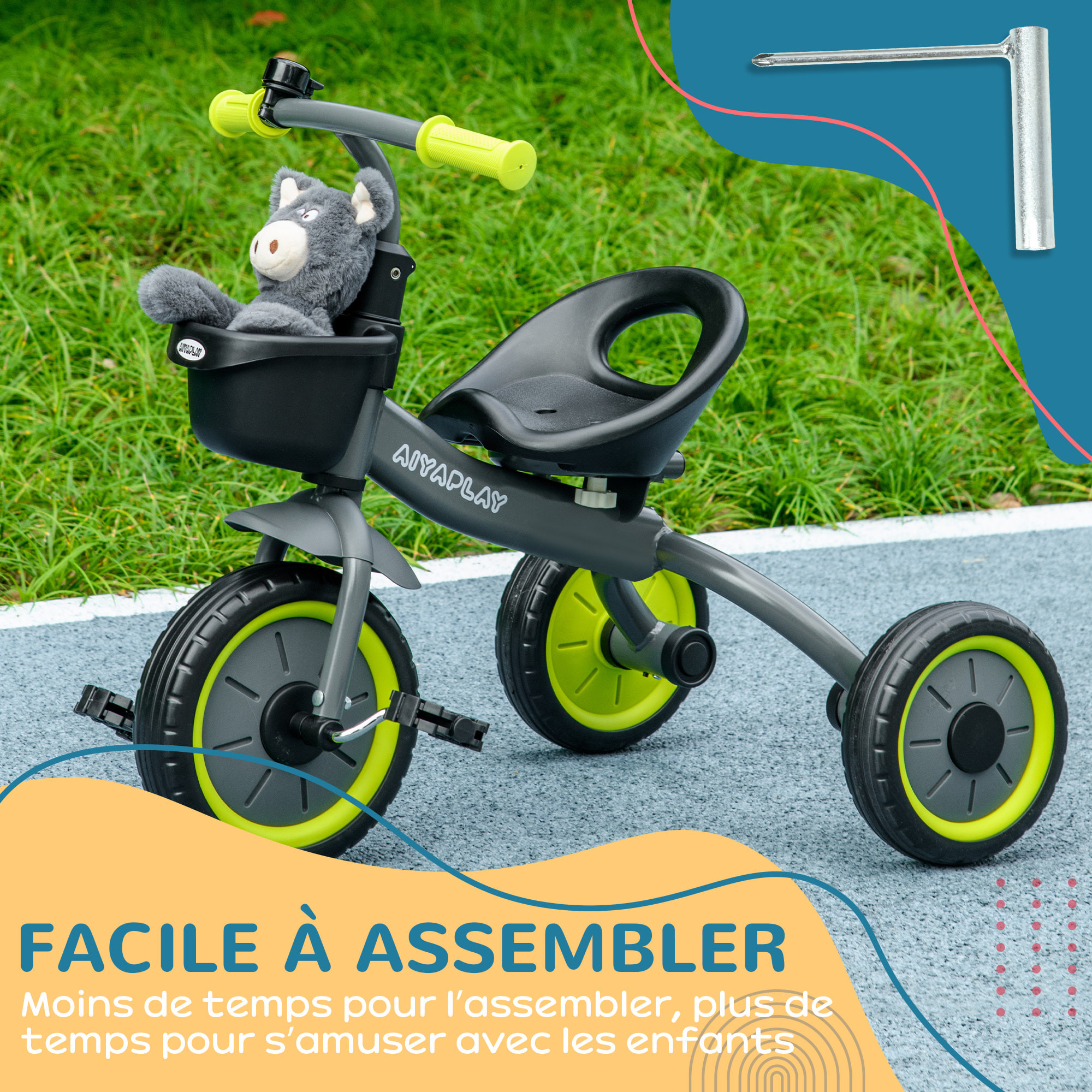 Tricycle enfant multi-équipé garde-boue sonnette panier pédales antidérapantes siège réglable avec dossier métal noir