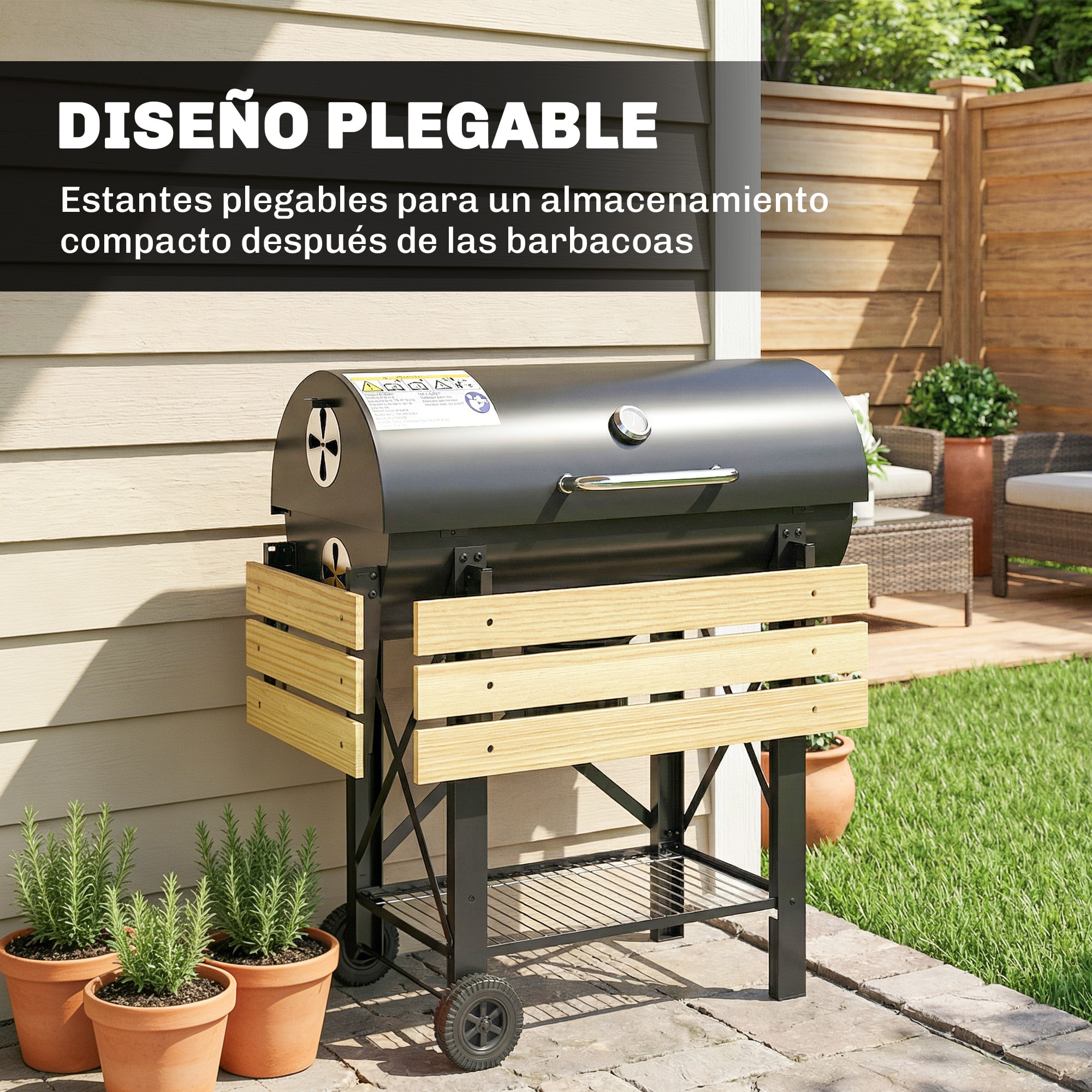 Barbacoa de Carbón Portátil, Barbacoa de Carbón Móvil con Estantes Plegables, Termómetro, Tapa, Ventilaciones Ajustables, Recoge Cenizas, Ruedas, Asa, 109x71x98 cm, Negro y Madera Natural