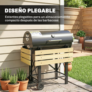 Barbacoa de Carbón Portátil, Barbacoa de Carbón Móvil con Estantes Plegables, Termómetro, Tapa, Ventilaciones Ajustables, Recoge Cenizas, Ruedas, Asa, 109x71x98 cm, Negro y Madera Natural
