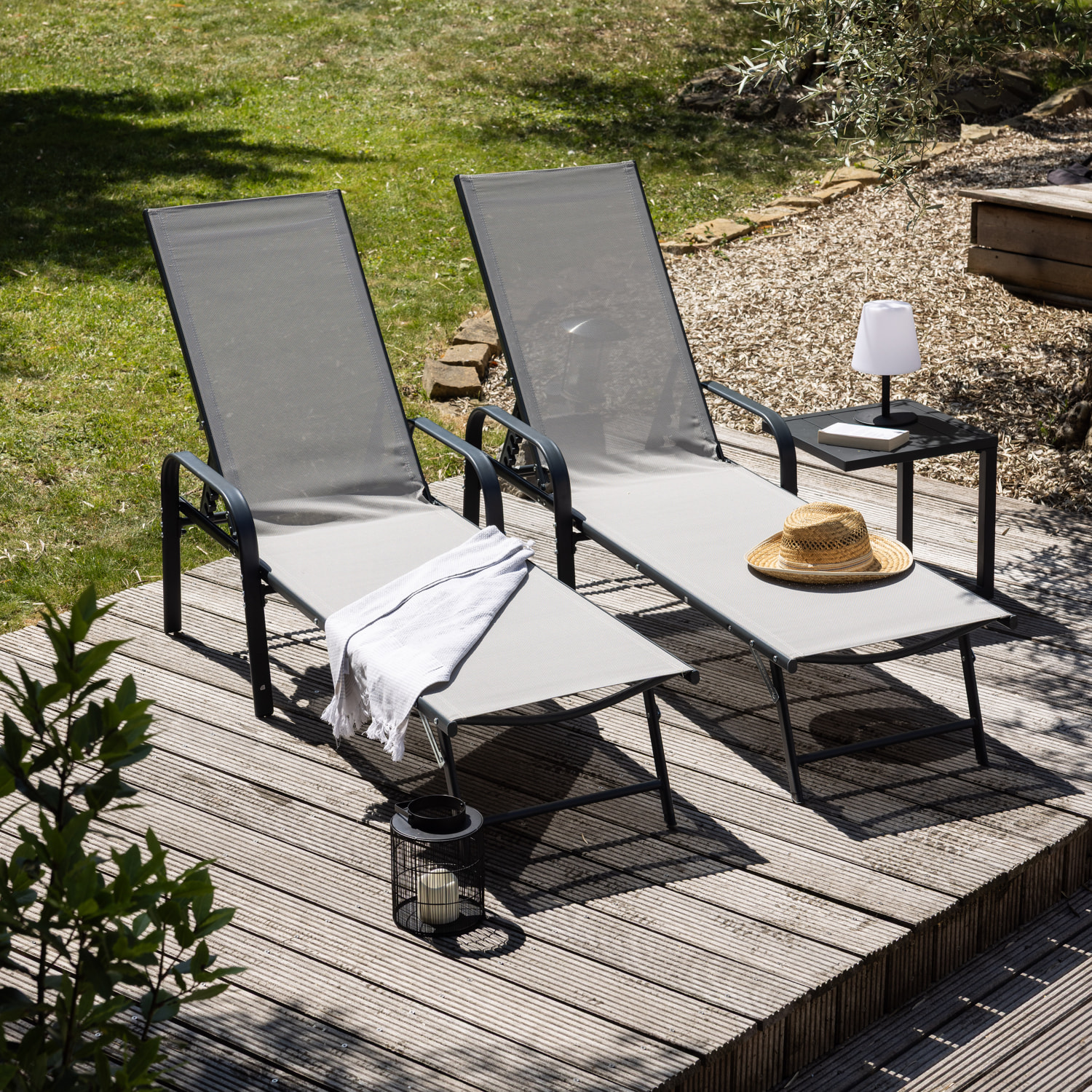 Lot de 2 bains de soleil SARDINIA en textilène gris - structure anthracite