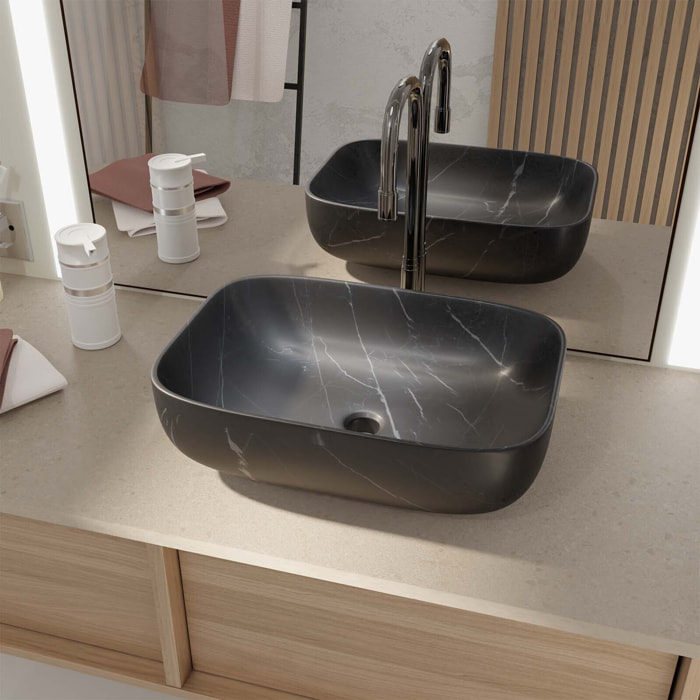 Vasque à poser rectangulaire en céramique noire mat effet marbre 46x32x13.5 cm - BLACK MARBLE