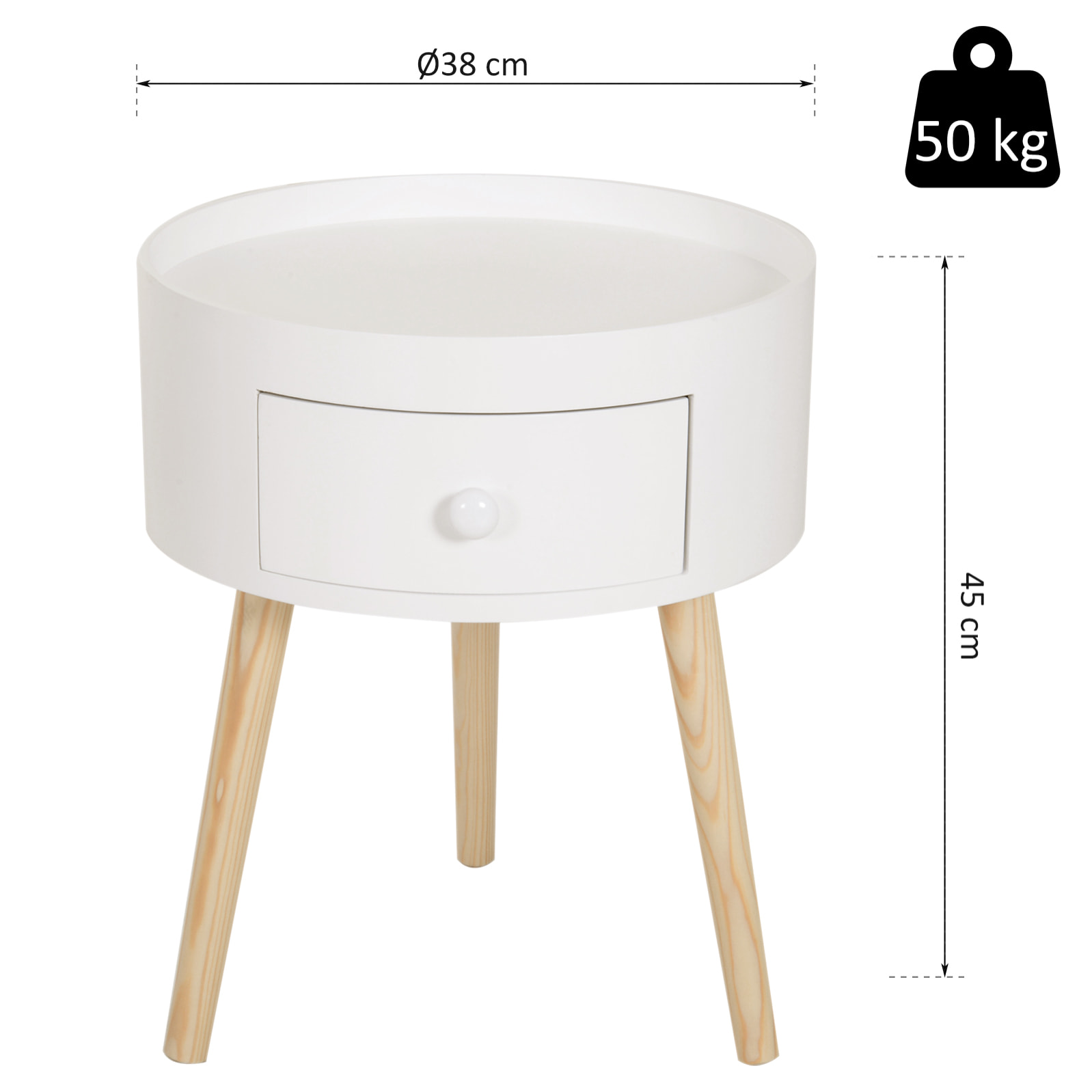 Chevet table de nuit ronde design scandinave tiroir bicolore pieds effilés inclinés bois massif chêne clair blanc