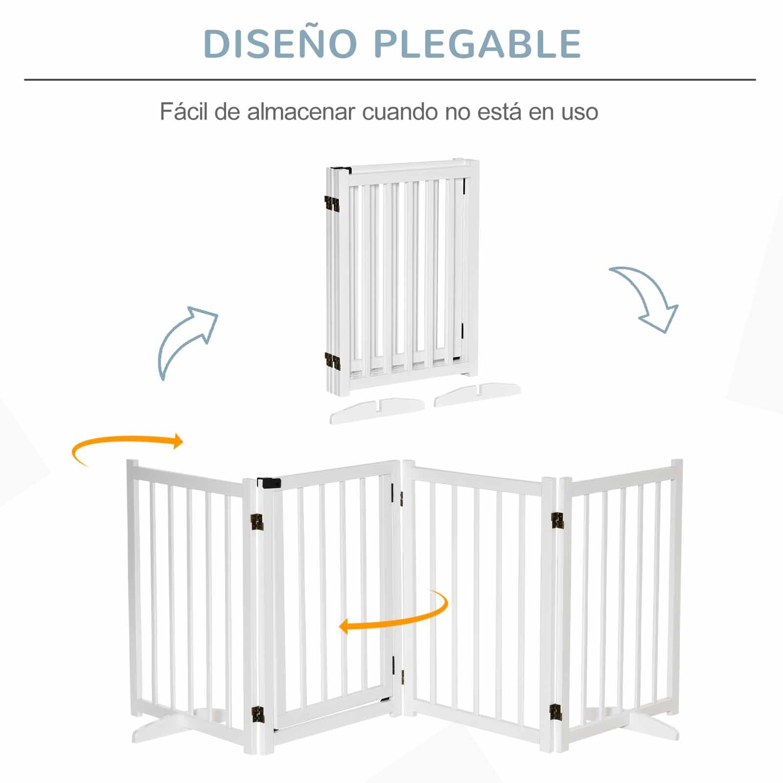 PawHut Barrera para Perros Plegable Valla para Perros Pequeños y Medianos de 4 Paneles con Puerta Barrera de Seguridad de Madera para Escaleras Pasillos 237,5x36x80 cm Blanco