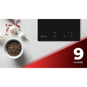 EVVO Placa Vitrocerámica 2 zonas de cocinado V30, Potencia máxima 3.000W, 9 niveles, máx diámetro 18 cm, control táctil, indicador de calor