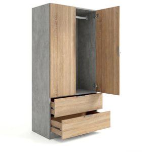 Armario de 2 puertas y 2 cajones en gris cemento y roble canadian 81,5x180 cm Lark Gris Cemento - Roble Canadian