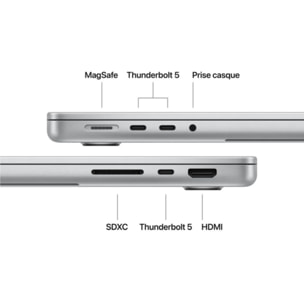Ordinateur Apple MACBOOK Pro 14" Puce M5 Pro CPU 15 / GPU 16 coeurs Mémoire RAM 24Go Stockage 1To SSD XDR Argent