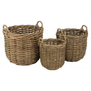 KALLY - Set de 3 paniers de rangement ronds en rotin naturel