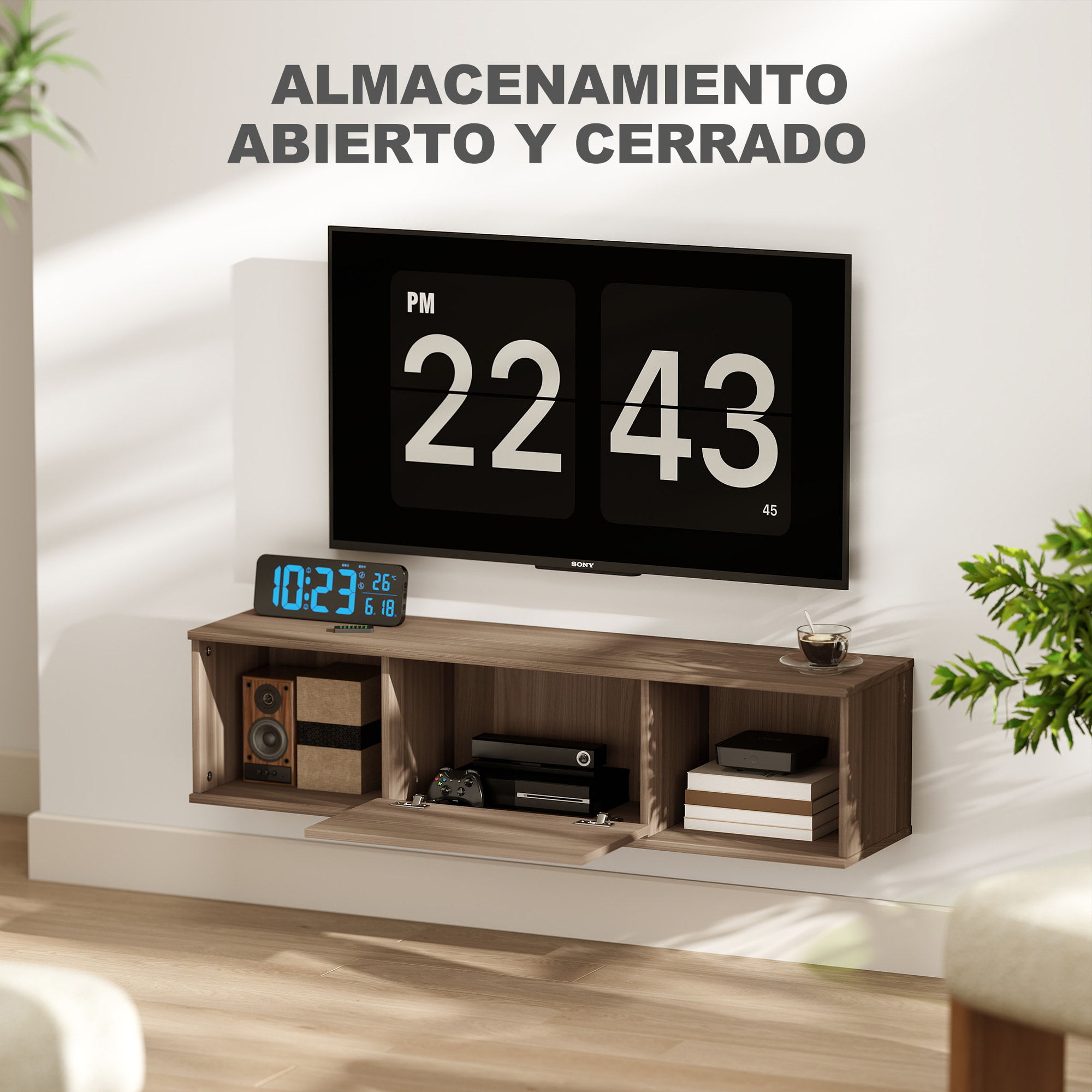Armario de Pared, Armario de Almacenaje Colgante con 2 Compartimentos Abiertos y Puerta Abatible, Mueble de TV para Salón, Cocina, Baño, 120x30x29,5 cm, Marrón