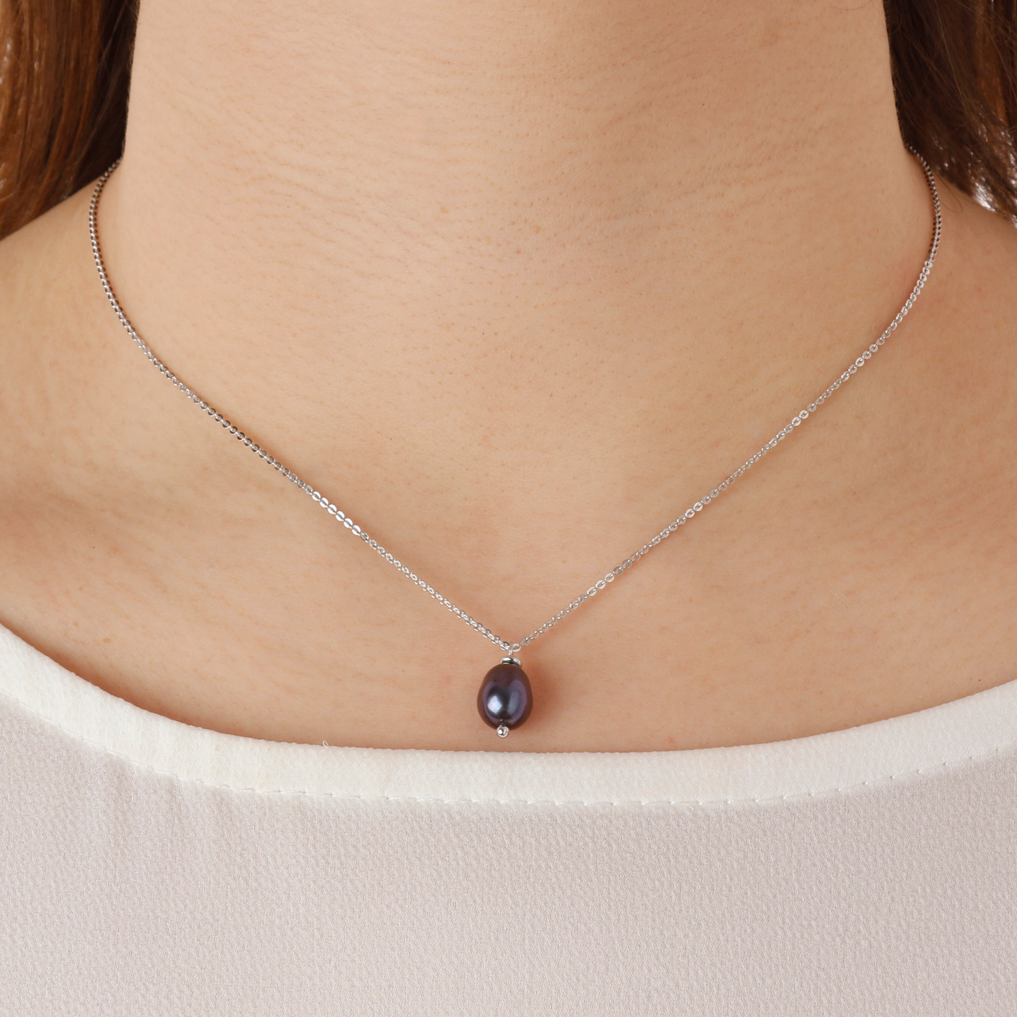 PERLAVIVA - Collana Catena Rolo in Argento 925 con Pendente in Perla d'Acqua Dolce Verde Petrolio Ø 8/9 mm