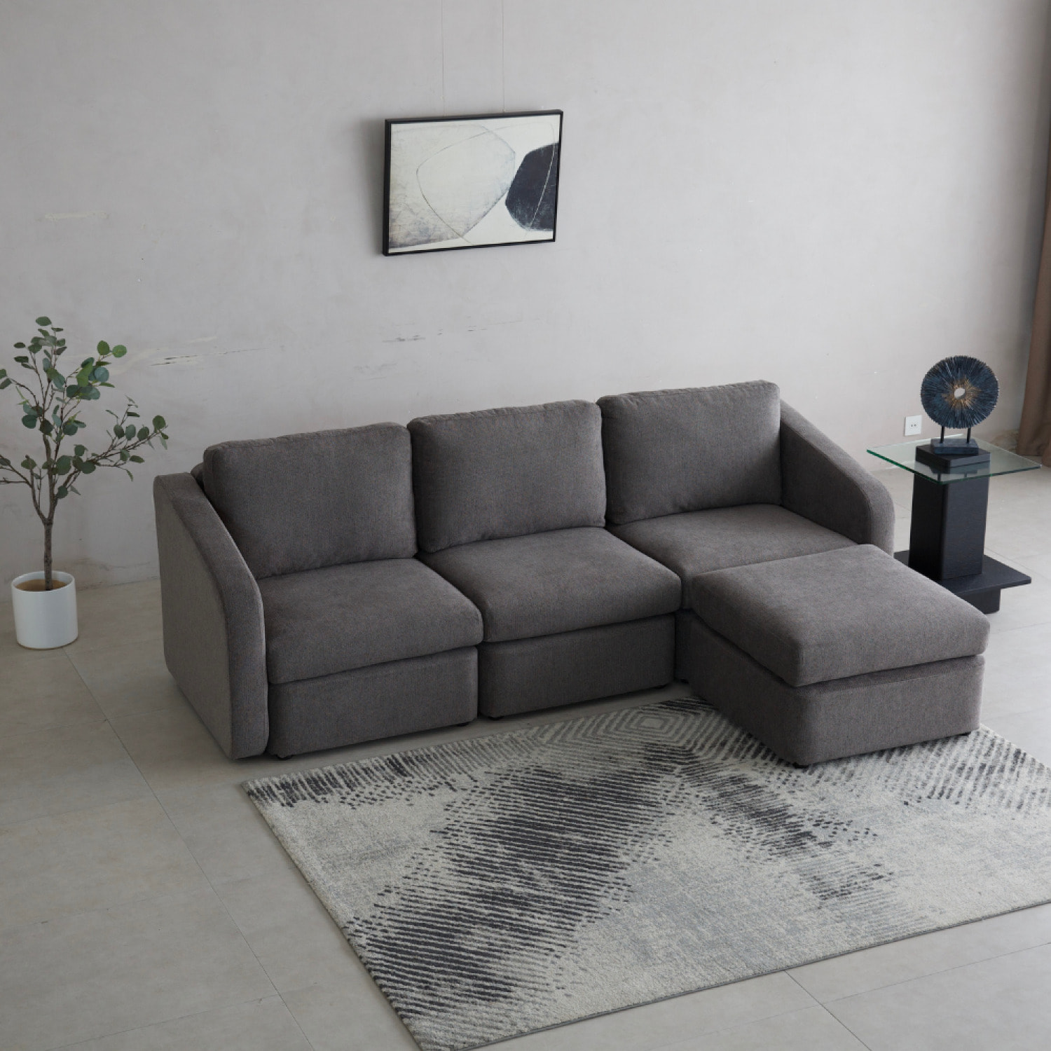 GALEGO Canapé modulable 3 places gris foncé avec pouf