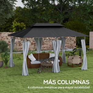 Cenador para Jardín 4x3 m Pérgola de Jardín Gazebo con Doble Techo Paredes Laterales Resistente al Agua Carpa para Exterior Terraza Patio Gris Oscuro