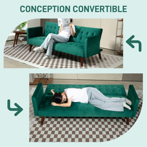 Canapé convertible 3 places design Chesterfield inclinable réglable effet capitonné velours vert turquoise