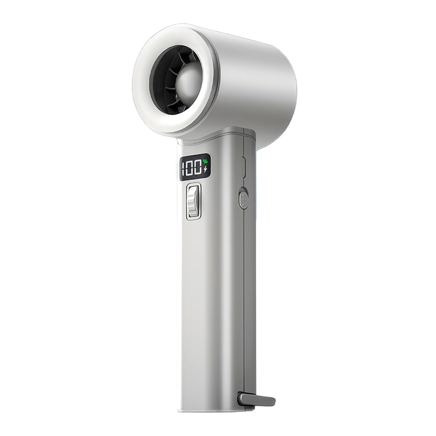 Ventilatore portatile S1064 con 199 velocità di regolazione continua, schermo LCD e visualizzazione in tempo reale del livello della batteria.