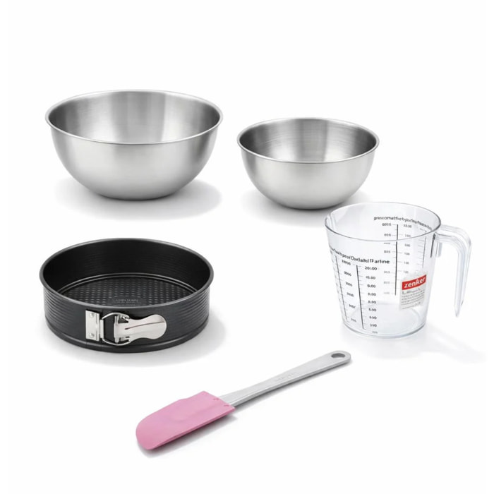 Set pâtisserie avec moule à manqué, 2 bols à mixer, verre mesureur et spatule Zenker