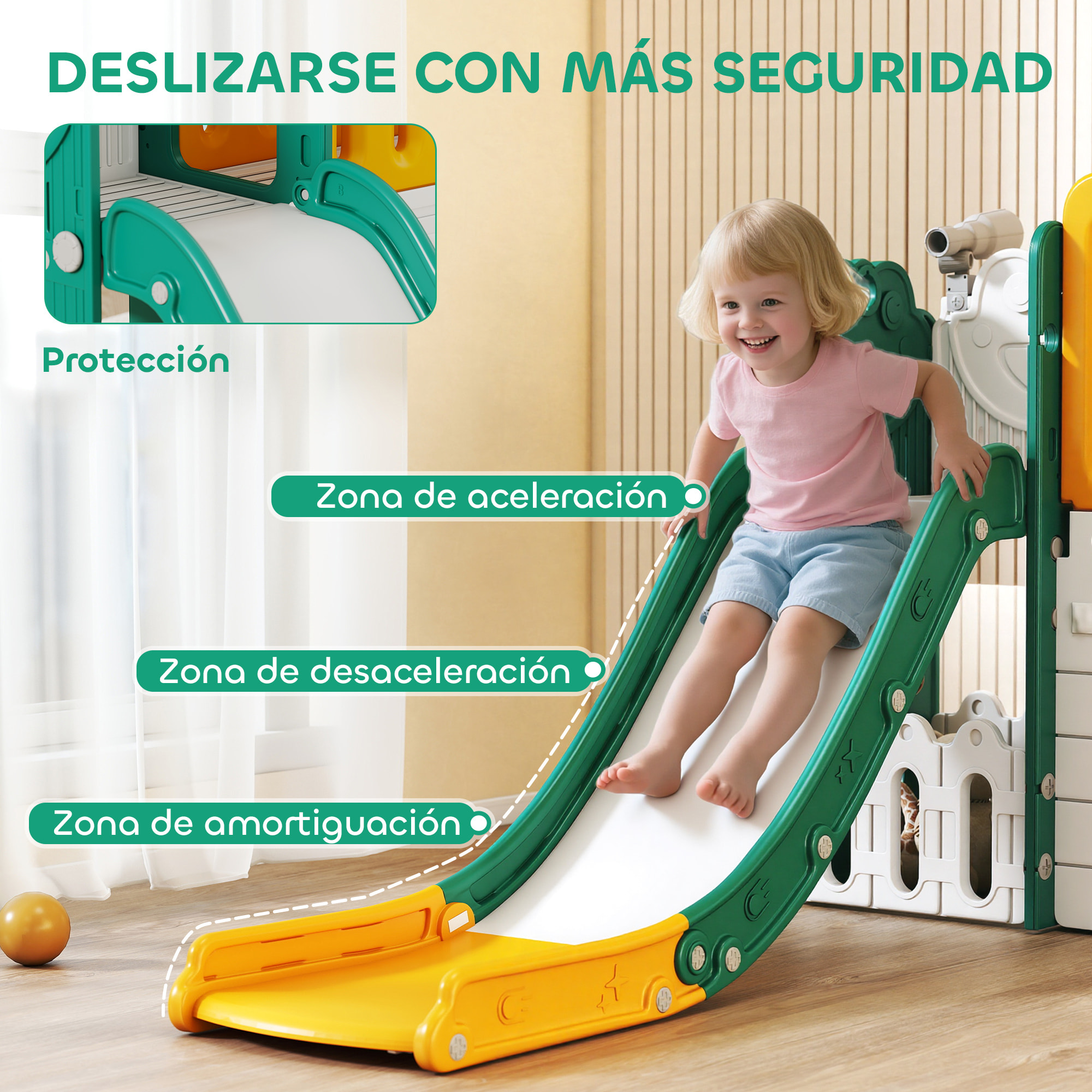 Tobogán Infantil 7 en 1 con Caseta para Niños, Tobogán con Escalera, Aro de Baloncesto, Túnel, Pizarra, Telescopio, para Interior, Amarillo y Verde