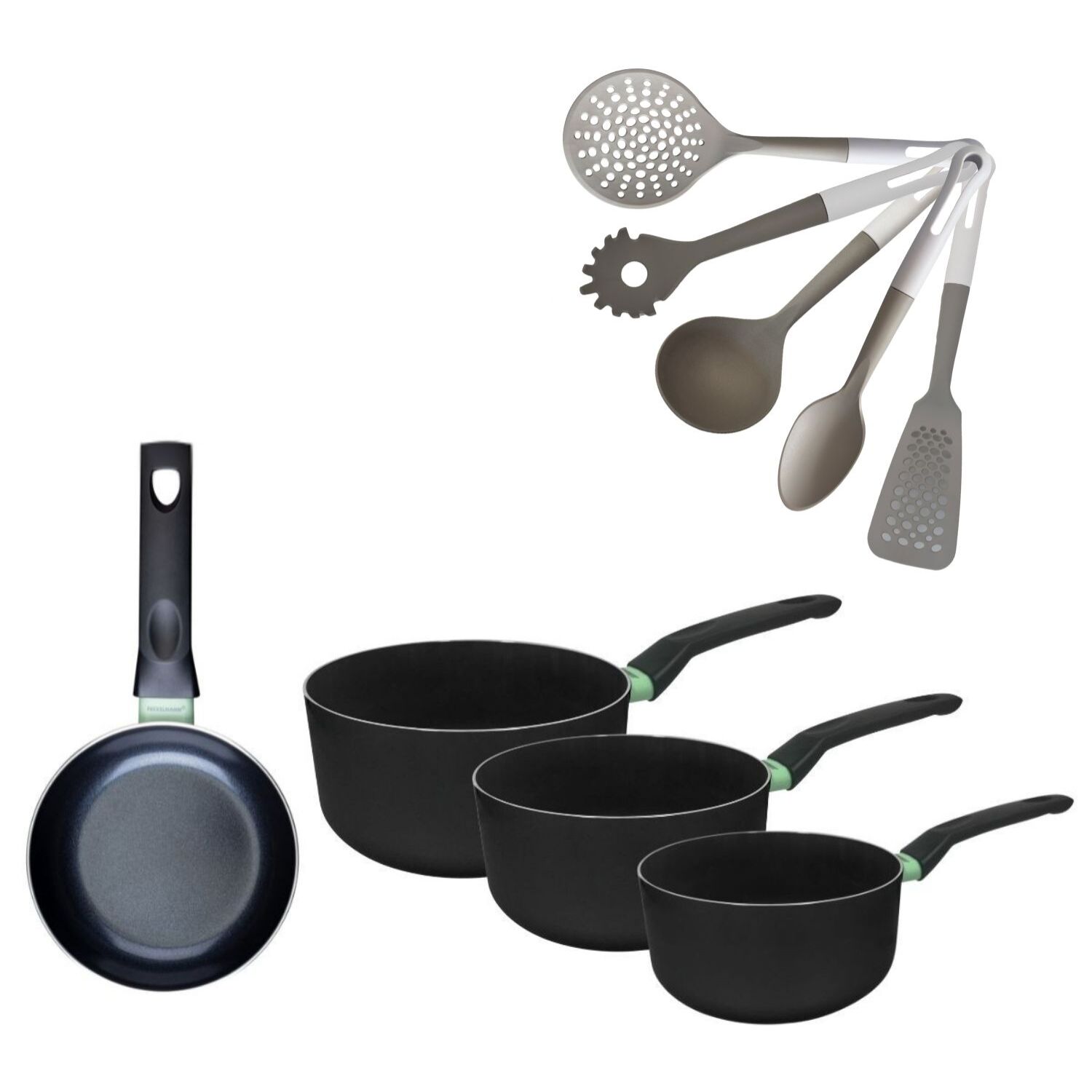 Poêle et 3 Casseroles sans PFAS Fackelmann Brandao avec 5 ustensiles Vario