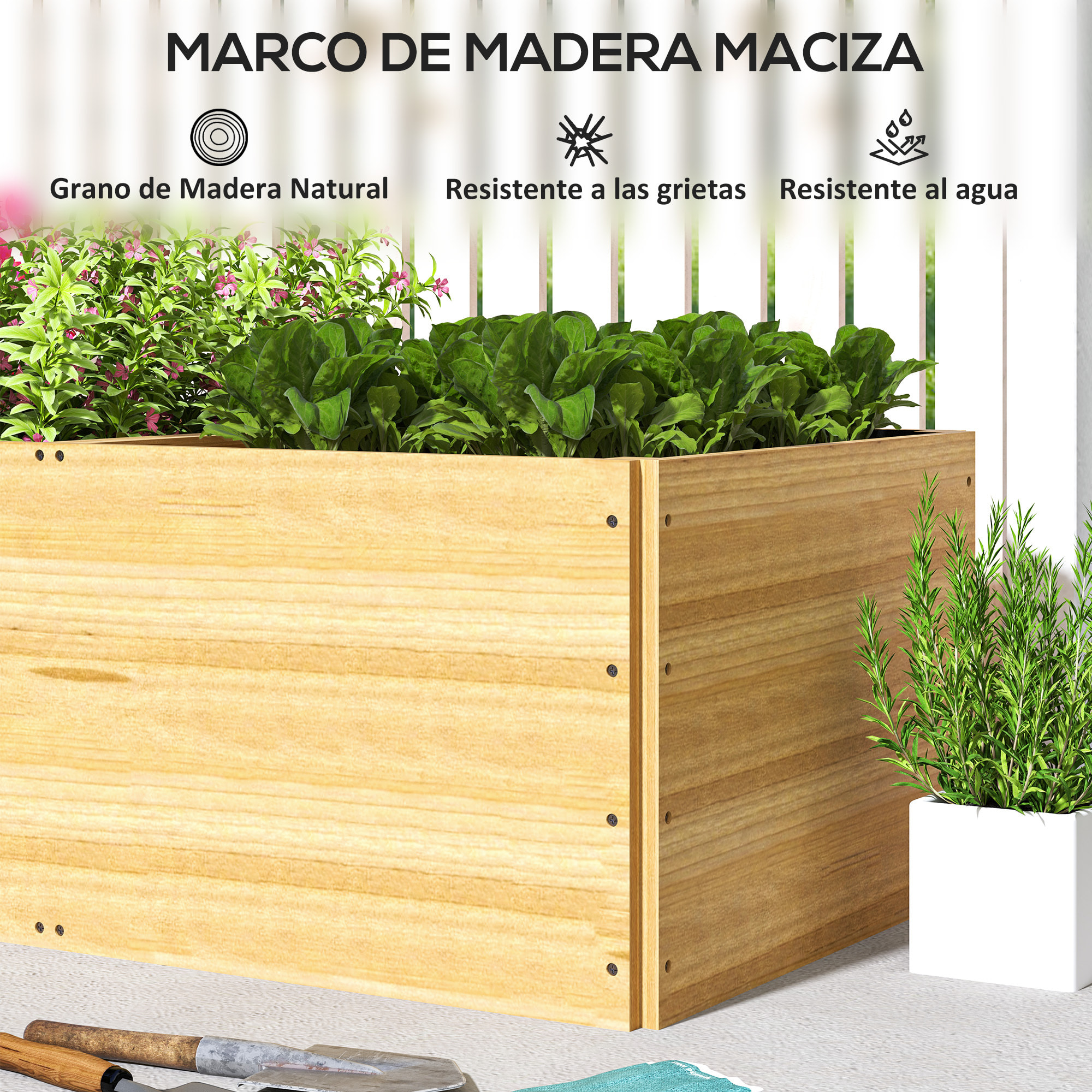 Jardinera de Madera Jardinera Exterior Grande con 3 Zonas de Cultivo y Forro Jardinera Rectangular para Jardín Balcón Terraza 140x60x40 cm Natural