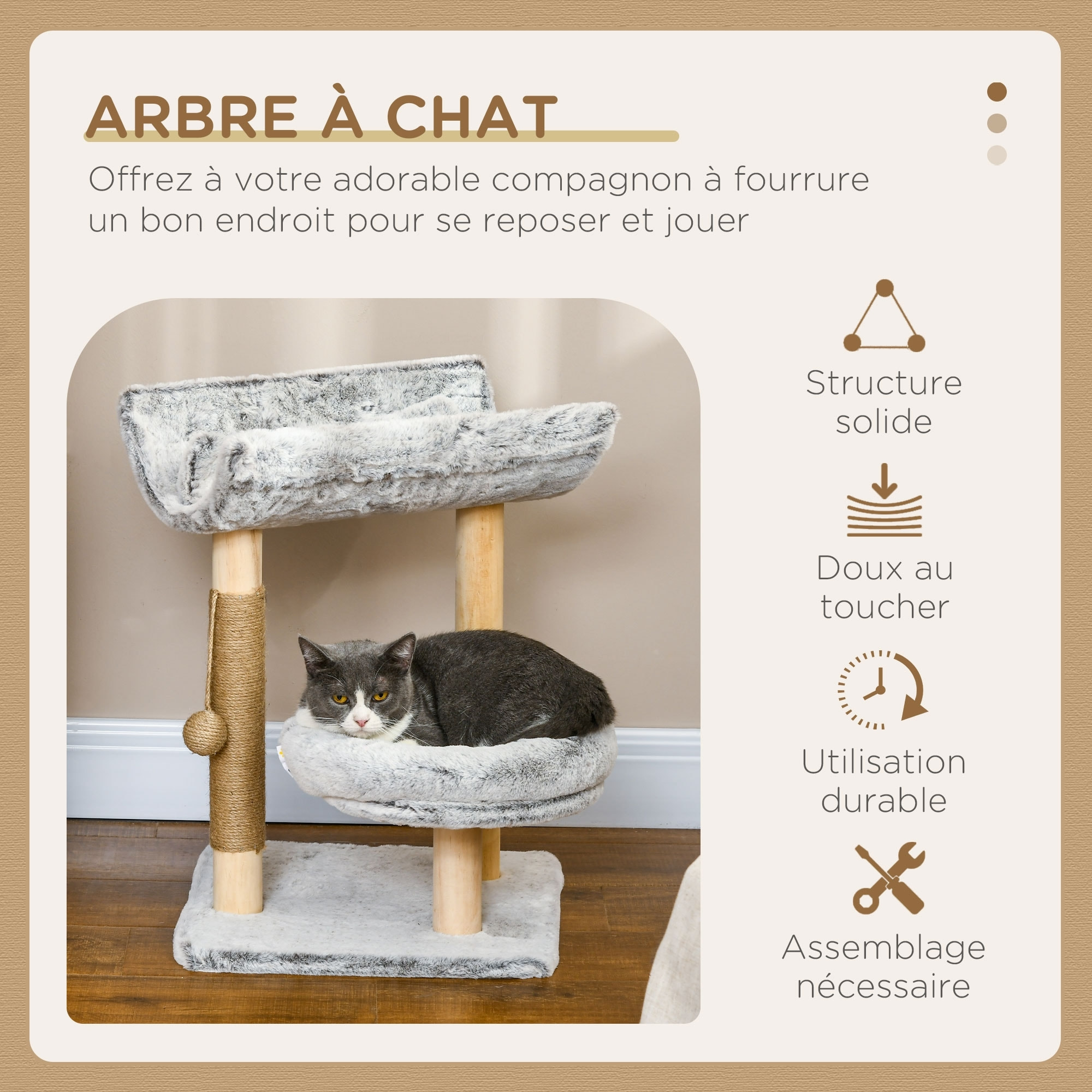 Arbre à chat griffoir chanvre naturel panier plateforme d'observation jeu boule suspendue bois panneaux peluche gris