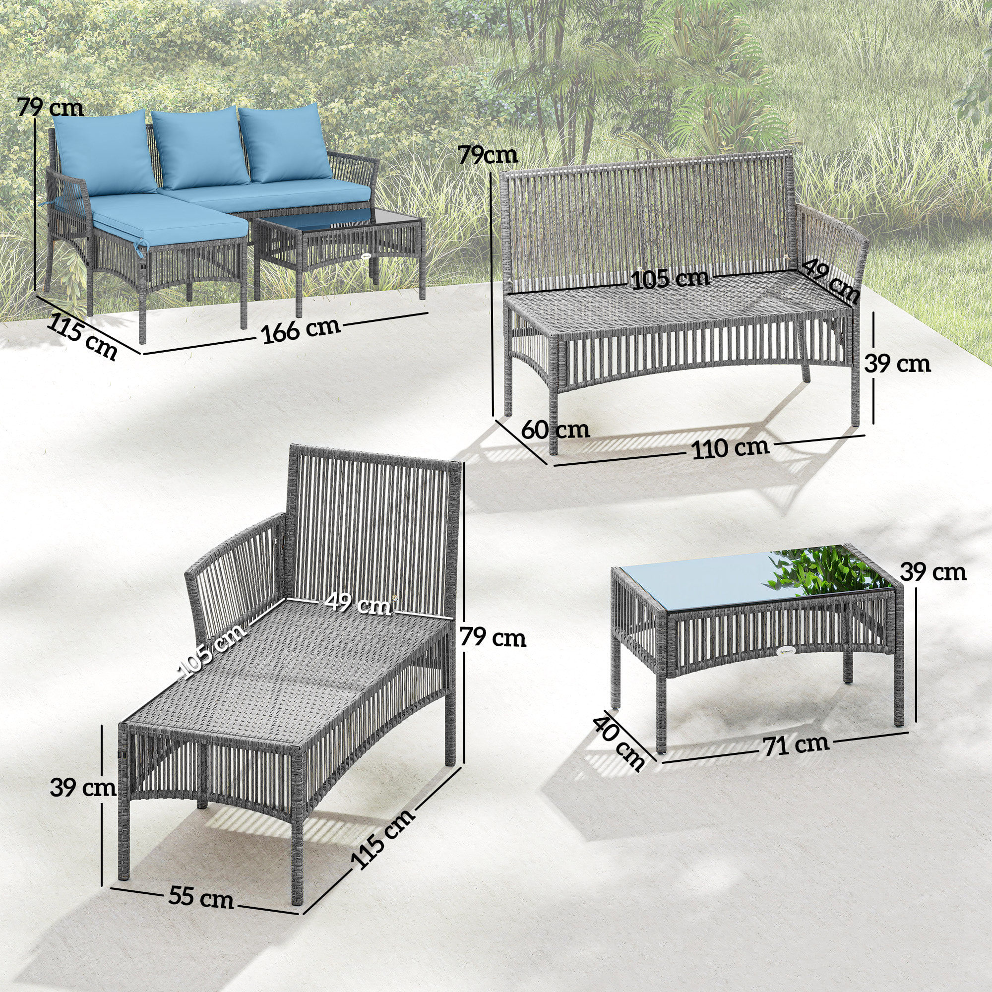 Conjunto de Jardín de Ratán de 3 Piezas, Muebles Jardín Exterior Incluye 1 Sofá de 2 Plazas, 1 Sofá Esquinera, 1 Mesa de Centro con Tablero de Vidrio Templado, Cojines, Resistente, Azul Claro