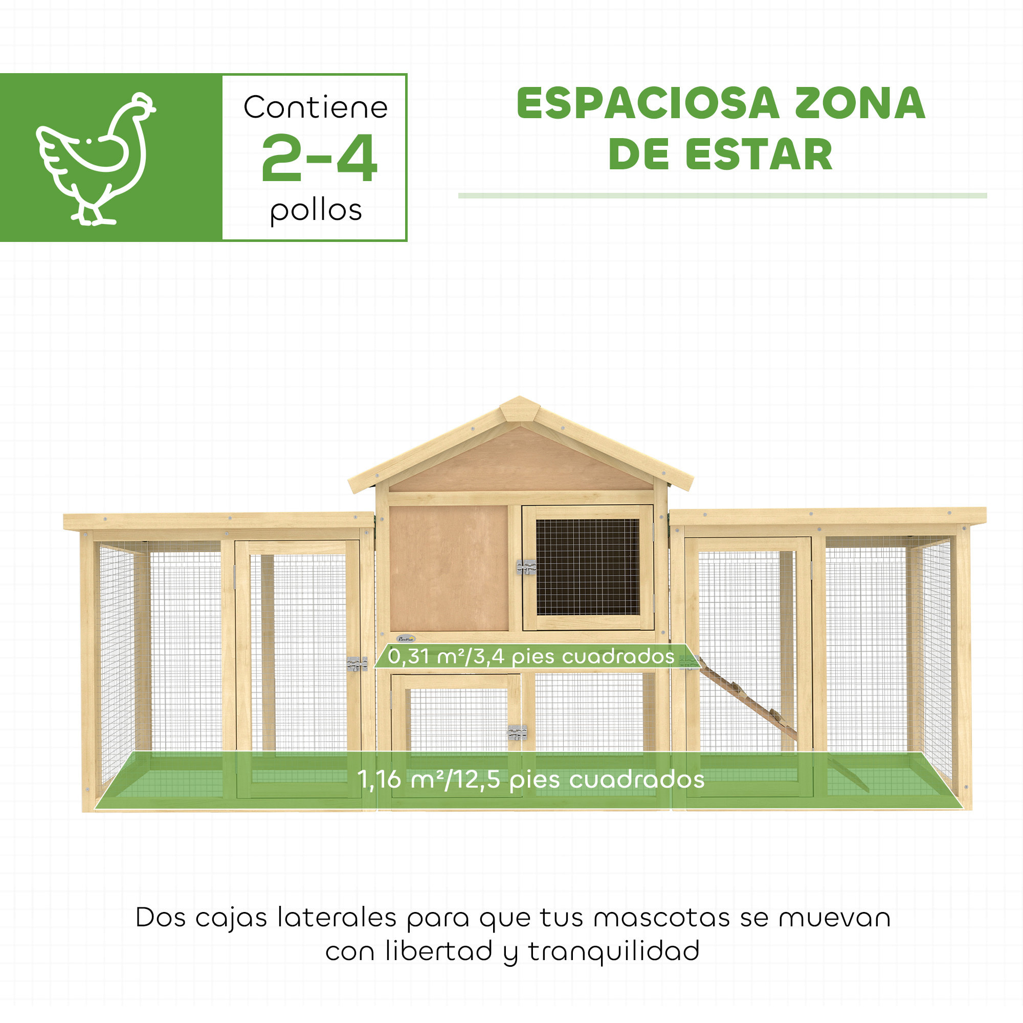 Gallinero para Exterior Grande de Madera, 204x85x93 cm, Gallinero con Caja de Anidación, Corral, Bandeja Extraíble, Techo Impermeable, Rampa y Percha, Jaula para Conejos, Patos, Madera Natural