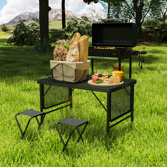Table de camping pliante portable hauteur réglable 2 étagères piètement alu maille métal noir