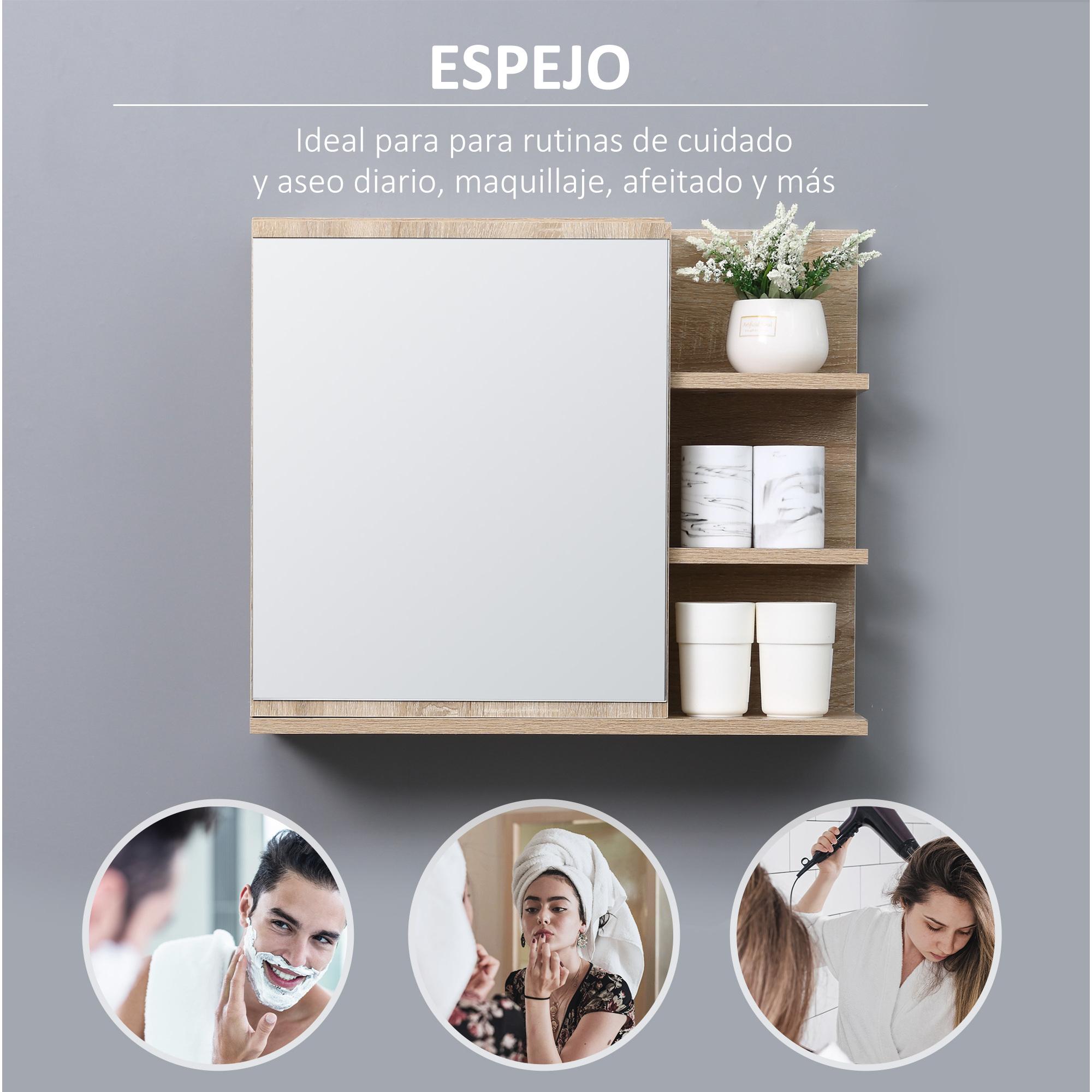 Armario de Baño con Espejo Armario con Espejo para Baño con 3 Estantes Abiertos y 1 Estante Interior Mueble para Baño Estilo Moderno 60x18x50 cm Natural