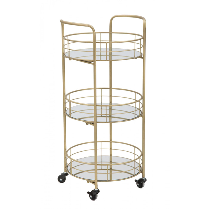 Carrello rotondo in metallo dorato, tre ripiani in specchio, colore oro, Misure 38 x 77,5 x 38 cm