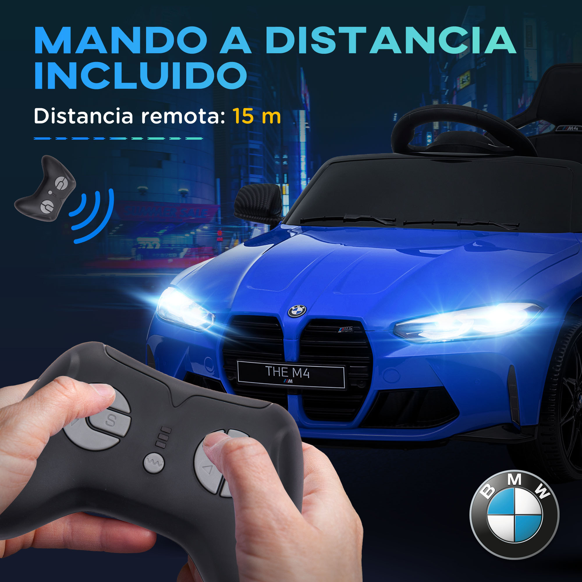 Coche Eléctrico para Niños BMW M4 Coche de Batería para Niños 12V con Mando a Distancia Faros Bocina Música Velocidad 3-5 km/h Cinturón de Seguridad Azul