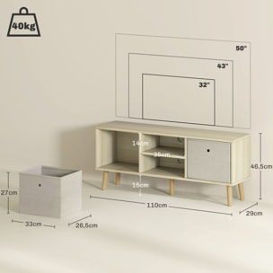 Mueble de TV, Mesa de TV con 2 Cajones de Tela, 2 Estantes Abiertos, Orificios para Cables, para Televisores hasta 50 Pulgadas, Largo de 110 cm, para Salón, Dormitorio, Madera y Beige