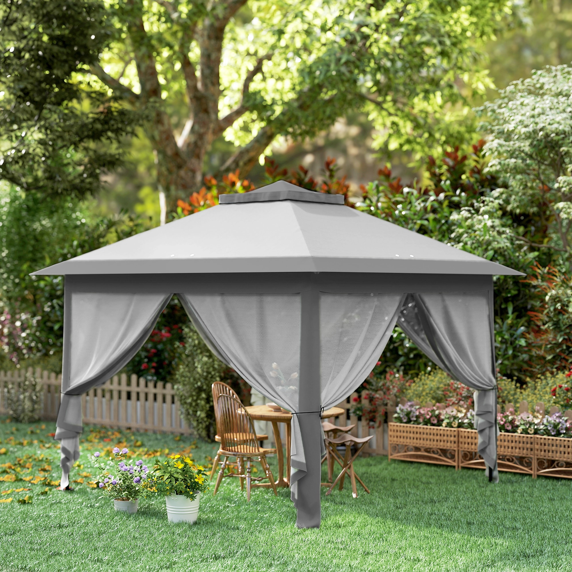 Carpa Plegable 3,3x3,3 m Pop-up, Cenador de Jardín con Altura Ajustable 3 Niveles, Doble Techo, 4 Mosquiteras Extraíbles y Bolsa Transporte, Impermeable, Anti-UV para Exterior, Gris