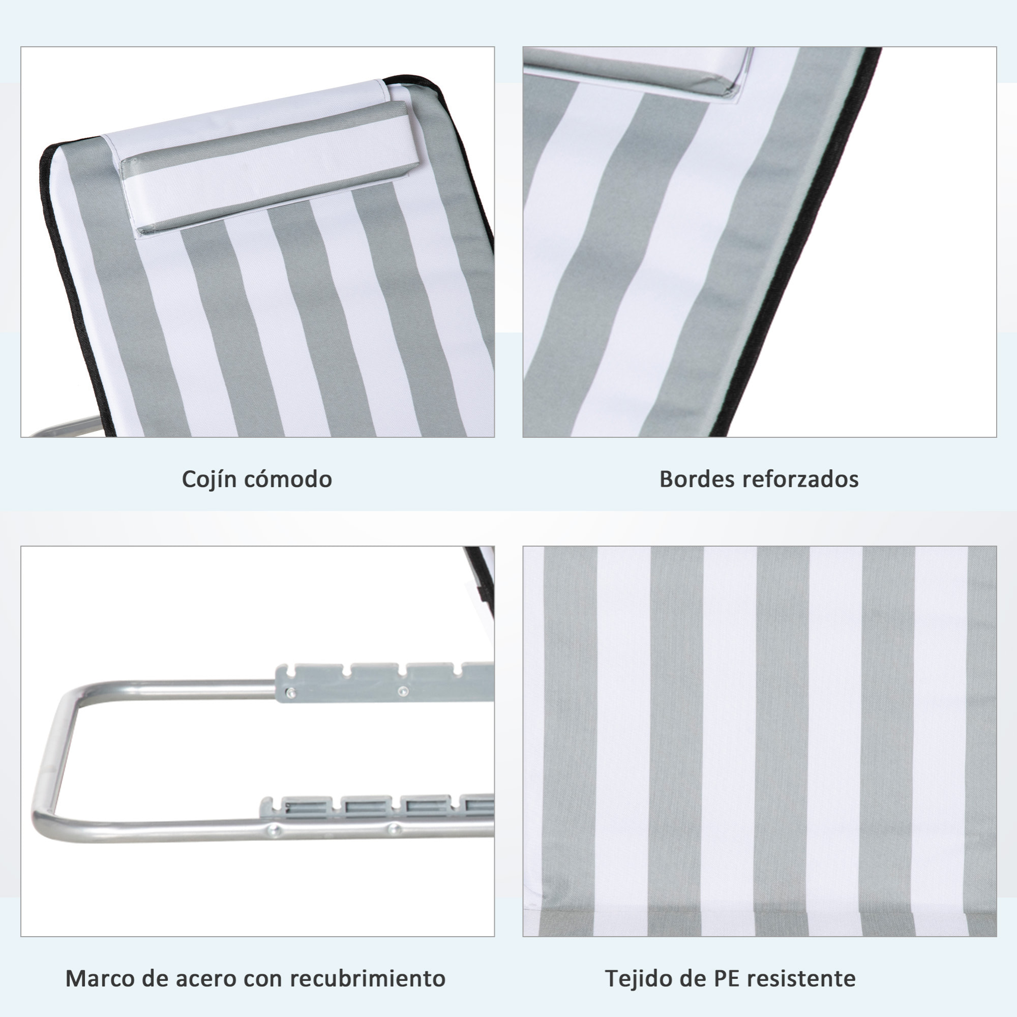 Conjunto de 2 Esterillas de Playa Plegables, Esterillas con Respaldo Reclinable en 5 Niveles, Reposacabezas y Bolsa de Transporte, 134x48x33-43 cm, Rayas Blanco y Gris