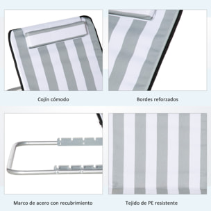 Conjunto de 2 Esterillas de Playa Plegables, Esterillas con Respaldo Reclinable en 5 Niveles, Reposacabezas y Bolsa de Transporte, 134x48x33-43 cm, Rayas Blanco y Gris
