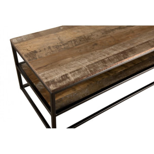 ALIDA - Table basse rectangulaire marron avec tablettes Teck recyclé Acacia Mahogany recyclé et métal noir