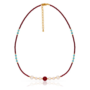 Marte Collar de perlas naturales con granate, turquesa y ágata roja, con cierre de mosquetón.