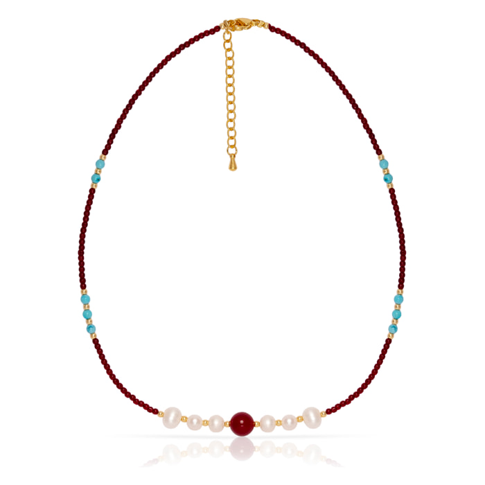 Marte Collar de perlas naturales con granate, turquesa y ágata roja, con cierre de mosquetón.