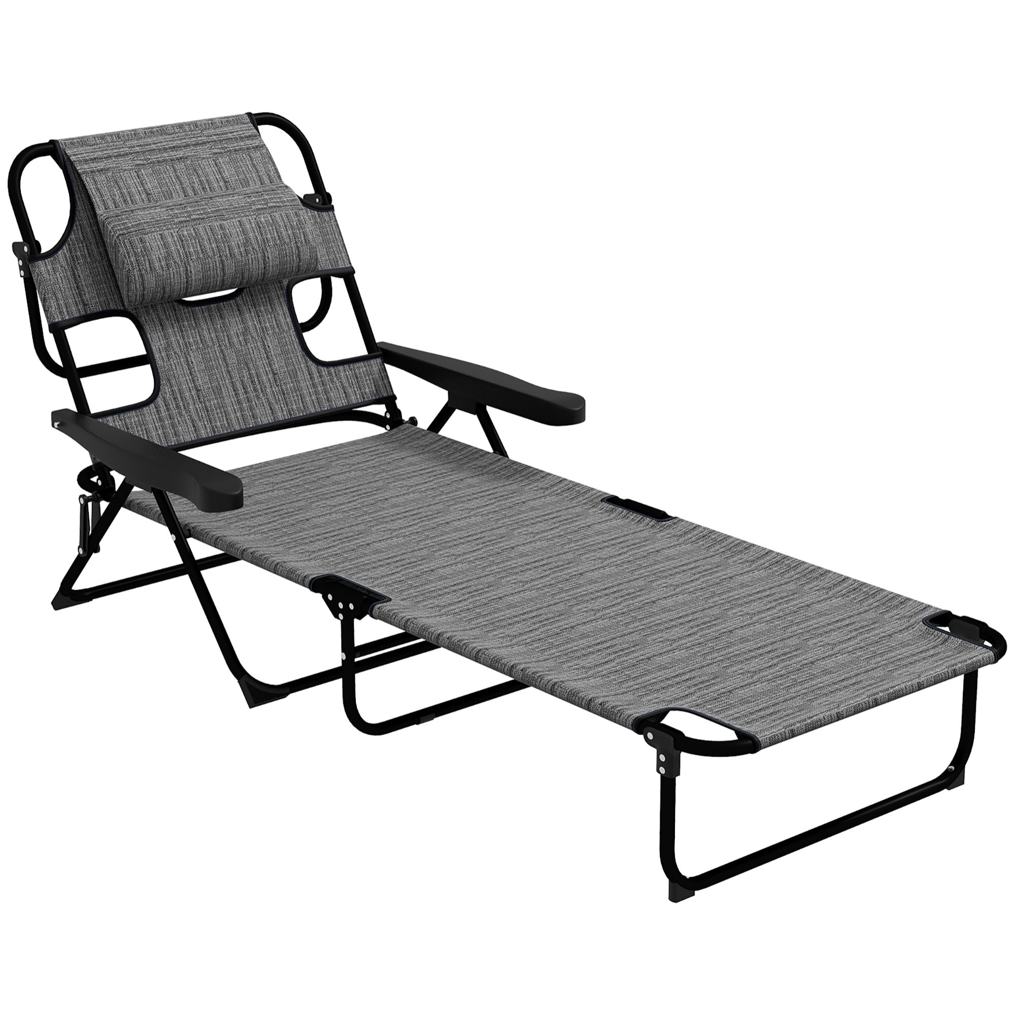 Bain de soleil transat pliable inclinable - coussins, espace tête - acier noir polyester gris chiné