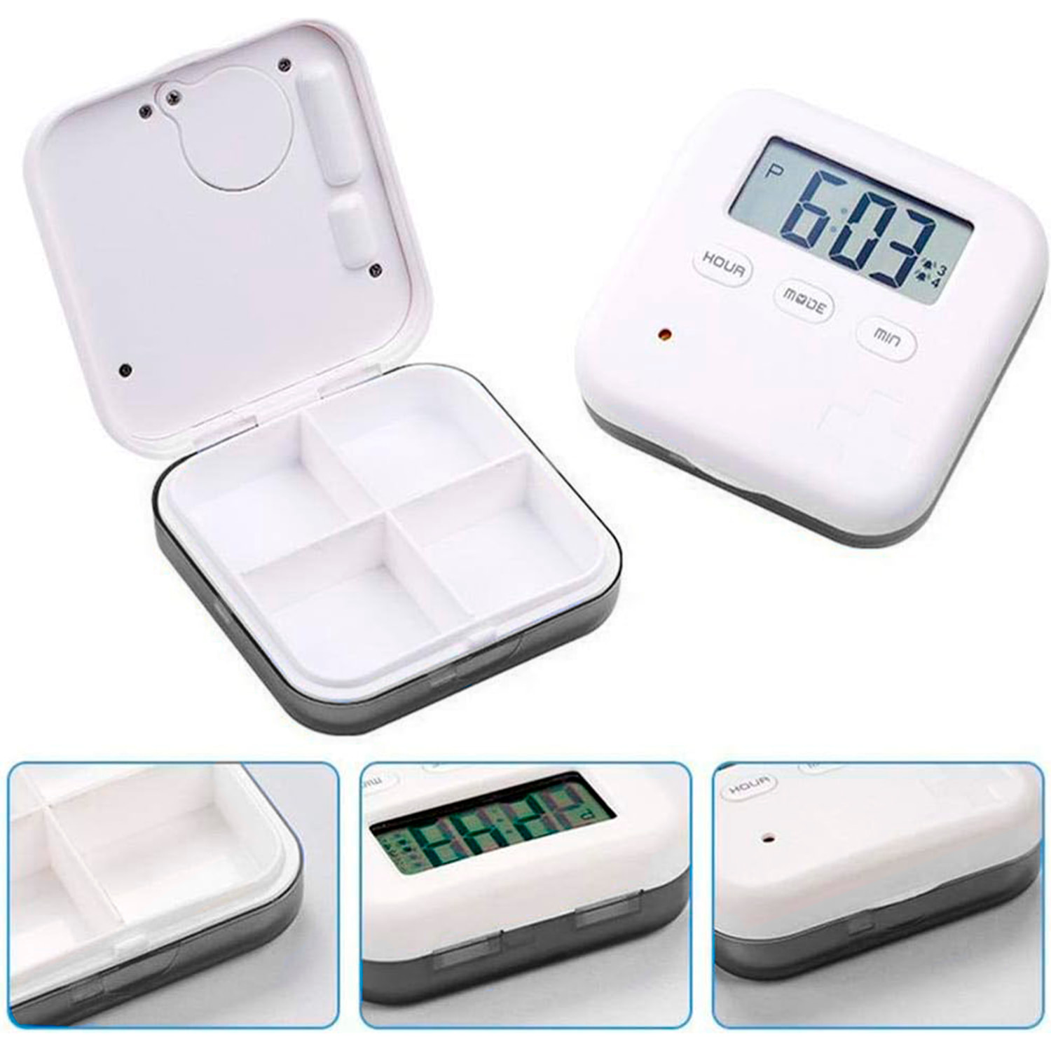 Pillola con 5 allarmi di promemoria al giorno, orologio digitale e conto alla rovescia. Allarme sonoro e con vibrazione.