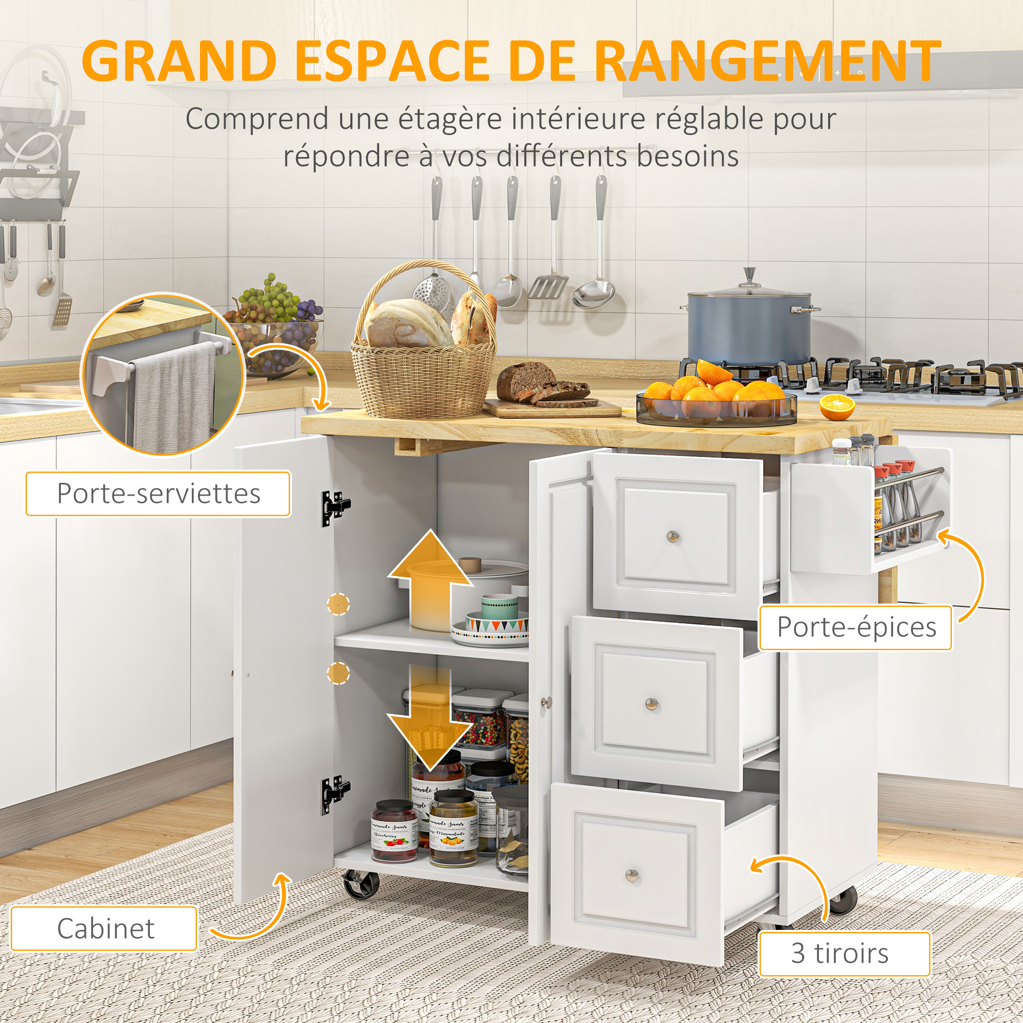 Desserte de cuisine multi rangement 3 tiroirs 2 portes avec étagère rack épices porte-torchons plateau rallonge hévéa MDF blanc