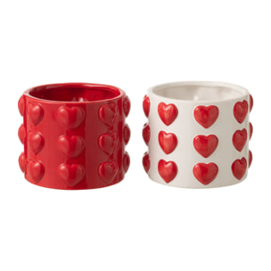 J-Line Cache-pot Motif Coeurs - céramique - blanc/rouge - 2 pièces